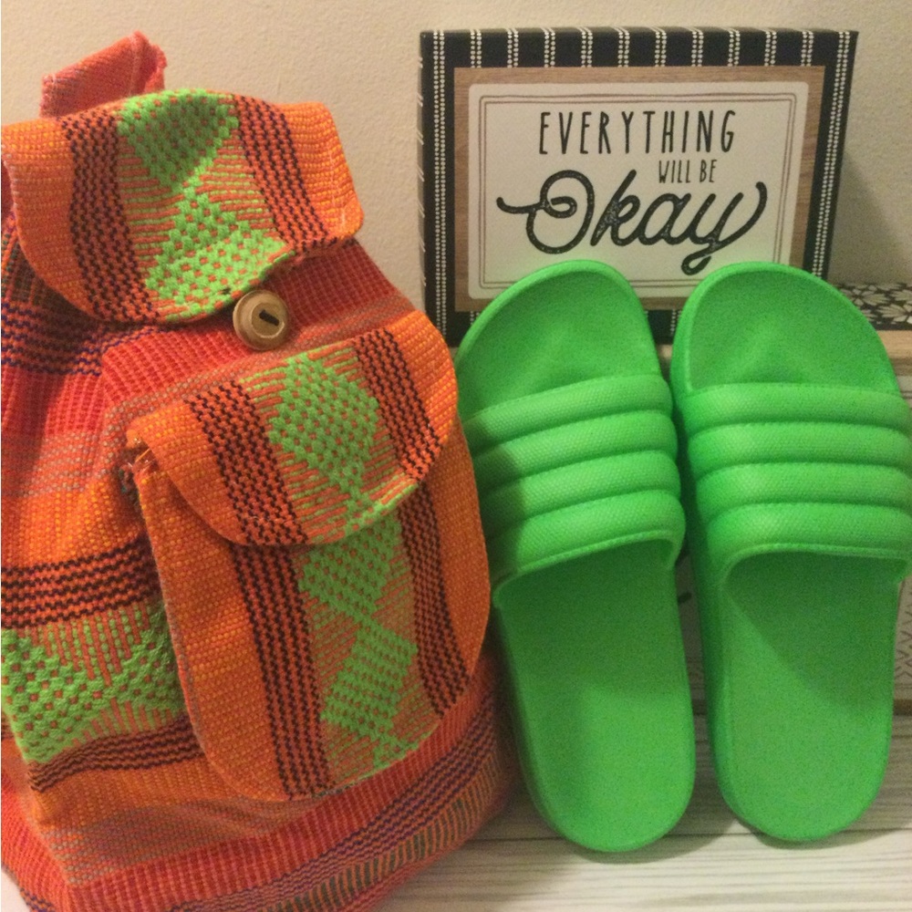 Vibrant Orange and Green Backpack with Green Slides Bundle